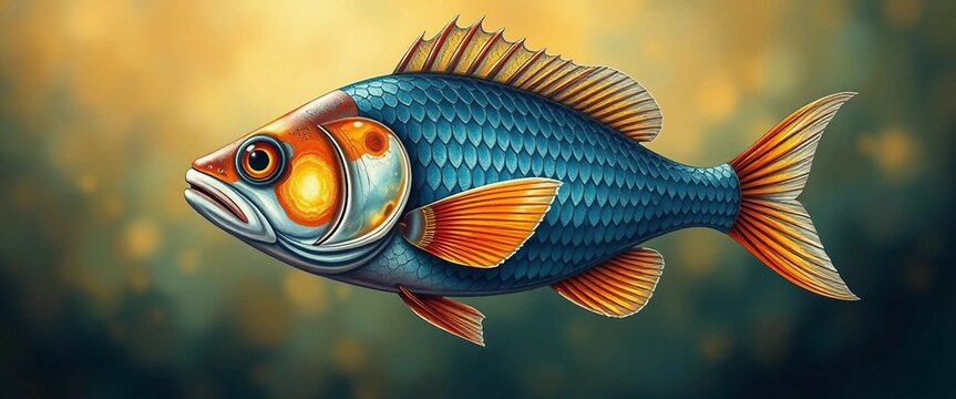 Digitales Kunstwerk eines detaillierten Fisches mit blauen Schuppen und orangefarbenen Flossen vor weichem Bokeh-Hintergrund.
