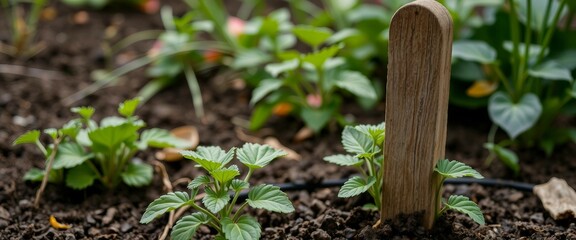 Holzpflock als Pflanzenstecker zwischen jungen grünen Pflänzchen auf frischer Gartenerde.