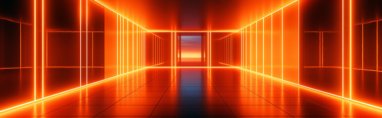 Orange neon light futuristic hallway perspective with reflective floor