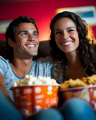 Couple relaxing on sofa watching movie with snacks