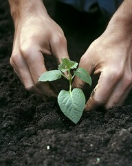 Close-up of hands planting a young seedling in rich soil outdoors