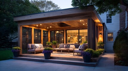 Inviting outdoor living: A stylish patio features comfortable seating under a wooden pergola, illuminated by soft lighting for evening relaxation.