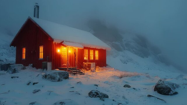 Nestled in the remote Arctic, a vibrant red outpost glows warmly against the harsh elements. High winds and heavy snowfall envelop the structure, creating a stark contrast of warmth and cold