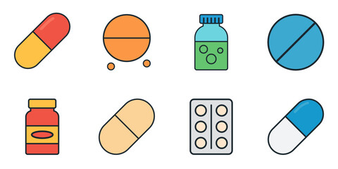 Colorful pharmaceutical icons set with vitamins antibiotics packaging and liquid medicine containers
