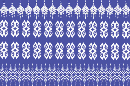 This design features a traditional Thai textile pattern with symmetrical, intricate motifs in a repeating layout, commonly seen in woven fabrics from Thailand. blue