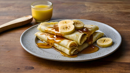 Delicious breakfast pancakes with honey and jam on a white plate