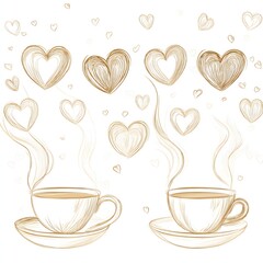 Brown hand drawn line drawing of coffee cup and heart.