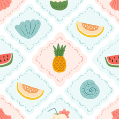 Cute summer seamless pattern with fruits. Hand drawn watermelon, pineapple, seashell, melon in frames. Summer vacation trendy print. Vector flat illustration.
