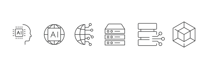 Set of outline digital AI technology icon collection. Artificial intelligence, algorithm symbol.