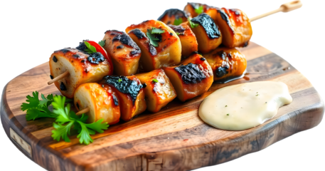 Savory kebab skewers served with creamy sauce on a wooden board showcasing traditional cuisine