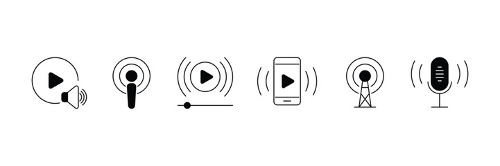 Set of Podcast icon collection. Webcast, broadcast, audio, channel, video symbol.
