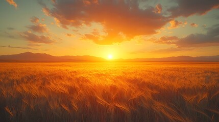 Fototapeta premium A golden wheat field under a glowing sunset sky