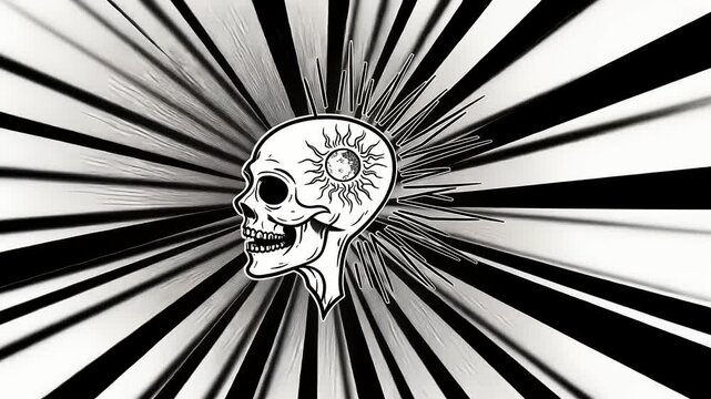 Intricate linework animation of a skull with astral elements on a radiating background