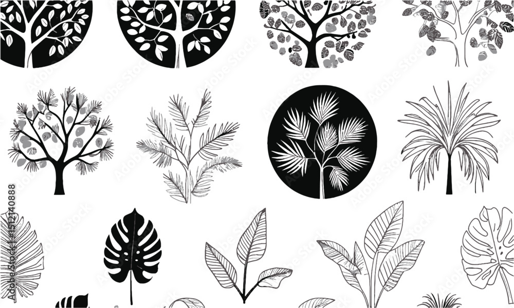 Poster modern vector illustration set of top view tree canopies and tropical leaf outlines, includes variou