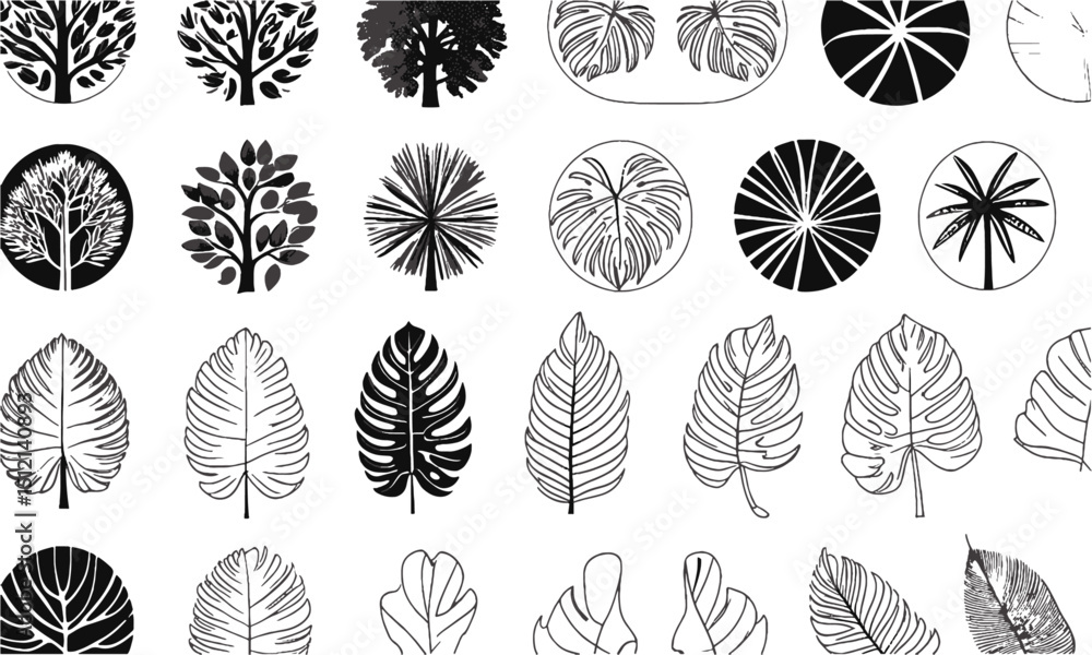 Poster modern vector illustration set of top view tree canopies and tropical leaf outlines, includes variou