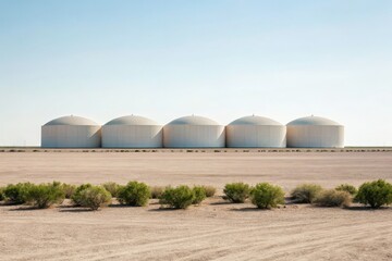 Four large, dome-roofed industrial tanks stand in a desert landscape with sparse vegetation under a clear sky.