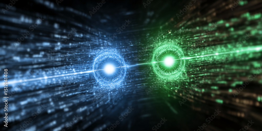 Poster Abstract image featuring glowing blue and green orbs connected by a luminous line, set against a backdrop of digital code, suggesting technological connection or data transfer