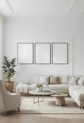 Minimalist living room with a white wall featuring five evenly spaced black frames, neutral-toned furniture, and a soft beige rug.
