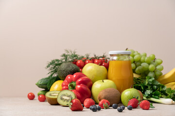 Set of fresh fruits, vegetables and berries on beige background with copy space. Farmers market, organic products concept