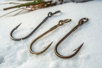 Three Metal Hooks Closeup Product Shot of Fishing Hooks on white background