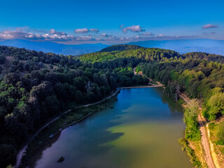 Obraz premium Aerial view of Yenice forests and Göktepe lake in spring