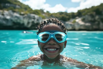Naklejka premium Young boy snorkeling underwater in bright sea