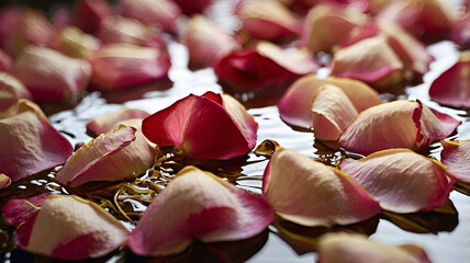 Dried red rose petals scattered on a table