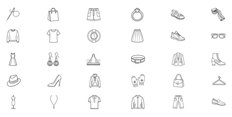 Array of outlined fashion icons clothes shoes jewelry  accessories