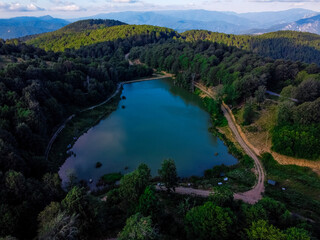 Aerial view of Yenice forests and G&ouml;ktepe lake in spring