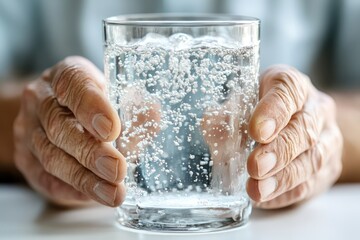 Old Man Holding Glass of Sparkling Water