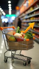inflation Increase product sales growth, market or consumer price index concept shopping cart with food increase with arrow graph, vat, Economist forecast for the most countries.