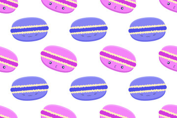Seamless pattern of kawaii pink and purple macarons with cute faces on a transparent background. Ideal for digital design, stickers, and kids' themed products.

