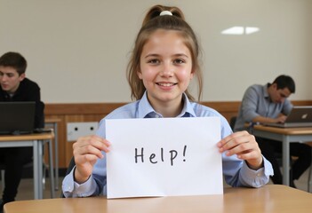 The schoolgirl is holding a sheet of paper with the inscription "Help"