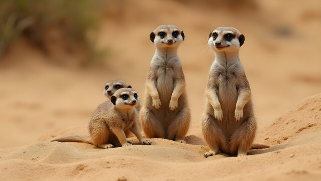 Meerkats standing alert in the wild. Family dynamics of meerkats in deserts. Ultra realistic meerkat behaviors. Meerkats on a sandy mound.