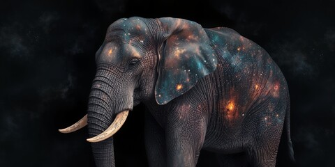 Cosmic elephant galaxy portrait dark background