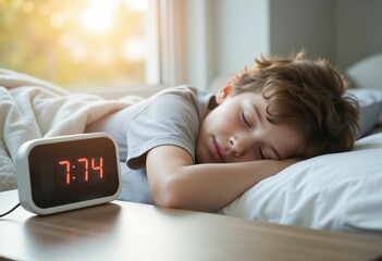 Boy sleeping in bed with alarm clock in the background
