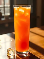 A vibrant, freshly squeezed orange juice, its color a rich, sun-kissed amber, sits in a tall, slender glass.  Sunlight streams through the window, illuminating the glistening surface.