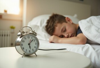 Boy sleeping in bed with alarm clock in the background