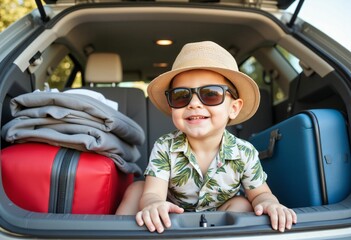A boy with glasses on vacation is going on a trip