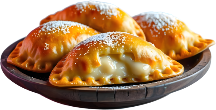 Delicious empanadas de leche served on a wooden platter, highlighting the creamy filling and golden crust typical of El cuisine