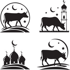 A clean black-and-white set of four Eid al-Adha illustrations featuring cows, crescent moons, mosques, and minarets. Perfect for greeting cards, Islamic holiday printables, or sublimation designs.