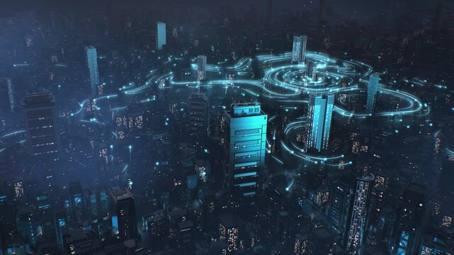 Aerial movement from skyscraper and creates internet connections between people. The concept of Wi-Fi internet city network. People and social media.