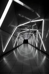 black and white high contrast rendering emphasizing the light patterns and geometric shapes of the tunnel.
