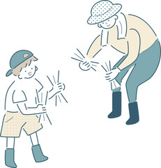 田植えする親子のシンプルな線画のベクターイラスト