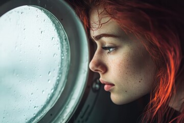Redhead Woman Staring Through Rainy Plane Window