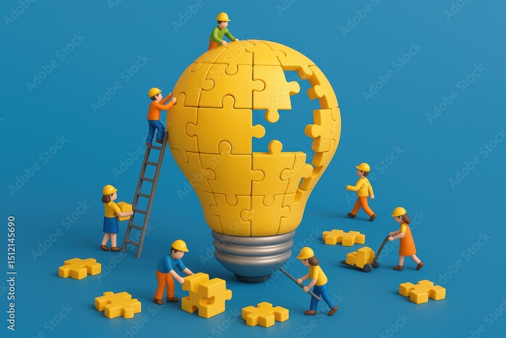 Poster a conceptual lightbulb made puzzle pieces symbolizes innovation and strategy as tiny workers collabo