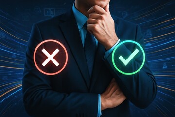 A thoughtful businessman carefully analyzes strategy and decision options weighing right and wrong to drive success and business growth