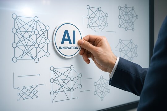 A strategic places an AI innovation badge on a digital whiteboard illustrating business growth and decision-making driven by neural network diagrams
