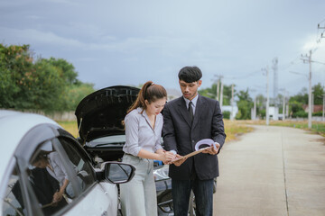 Asian woman customer and mechanic discussing car insurance. Female manager and car mechanic. Car...