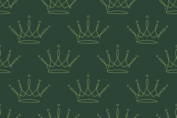 Seamless crown pattern with yellow one-line drawings on green background. Royal, chic and elegant style for fabric, fashion, and decorative design.

